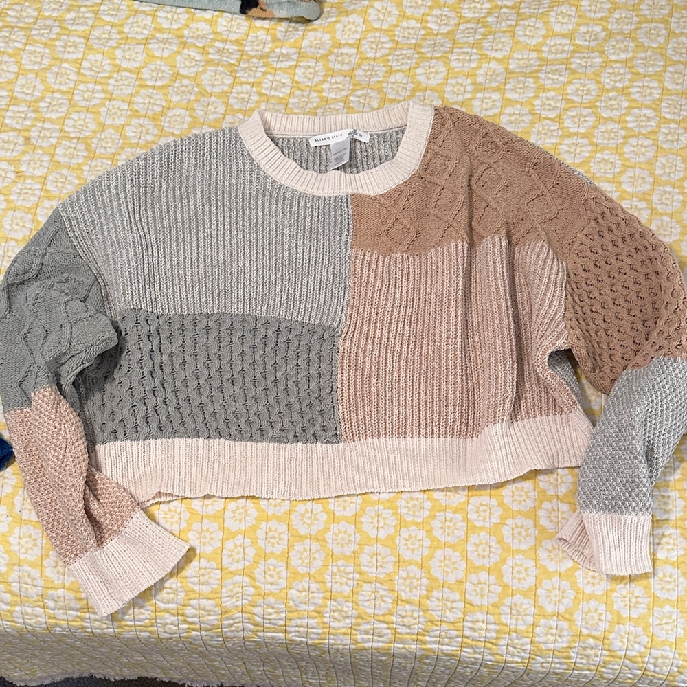 Altar'd State Patchwork Knit Sweater - Gray, Crea… - image 1